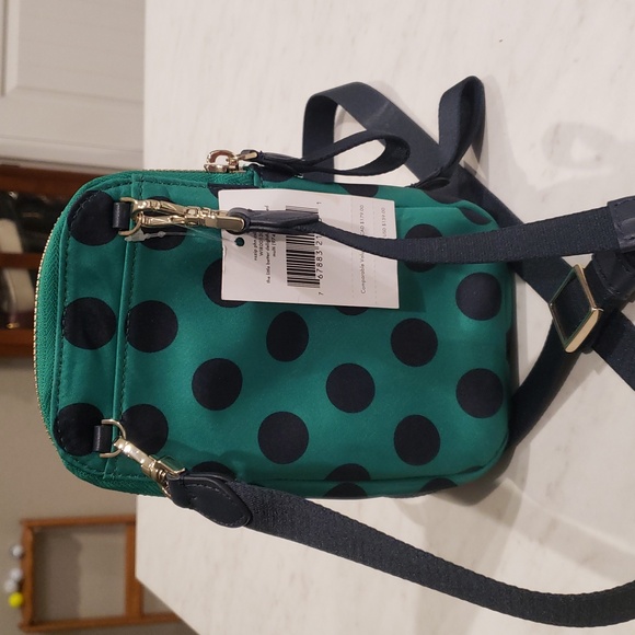 Kate Spade ♠️ Green and Navy Polka Dot Crossbody Phone Bag - Picture 3 of 9